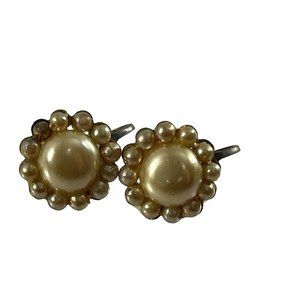 Vintage Faux Pearl Flower Shaped Screw Back Earrings Silver Tone